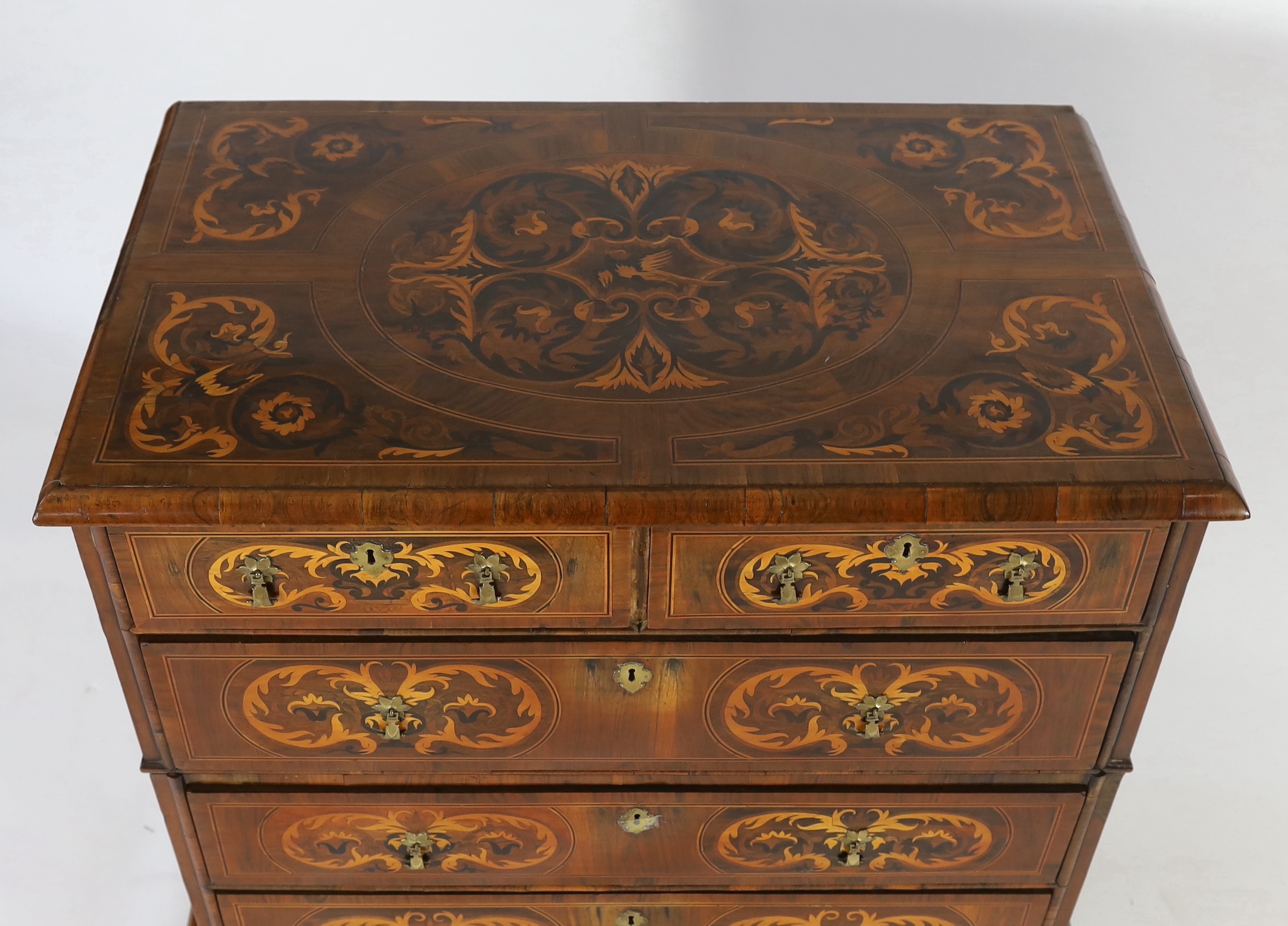 A William III and later walnut and marquetry chest on stand, width 108cm, depth 65cm, height 113cm